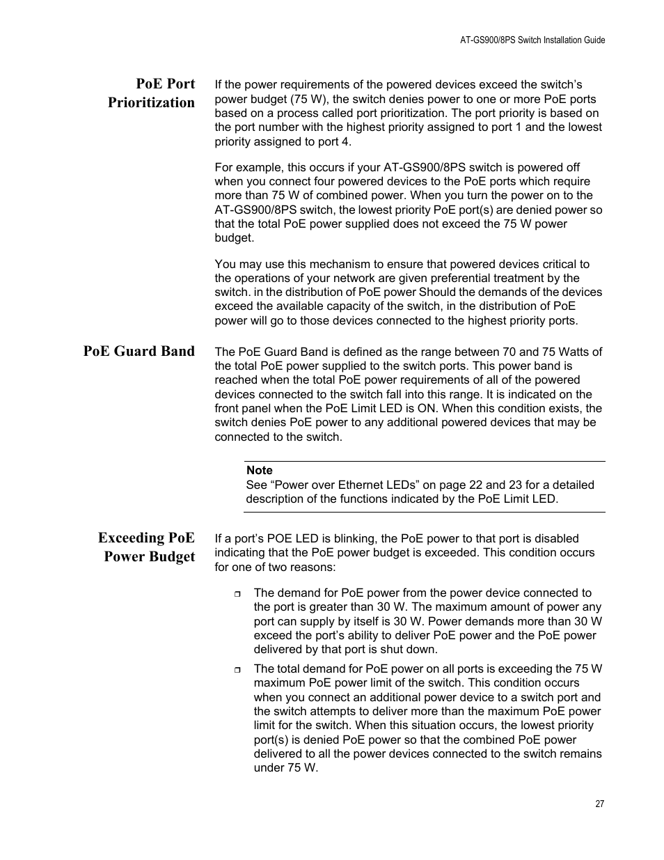 Poe port prioritization, Poe guard band, Exceeding poe power budget | Allied Telesis AT-GS900/8PS User Manual | Page 27 / 56