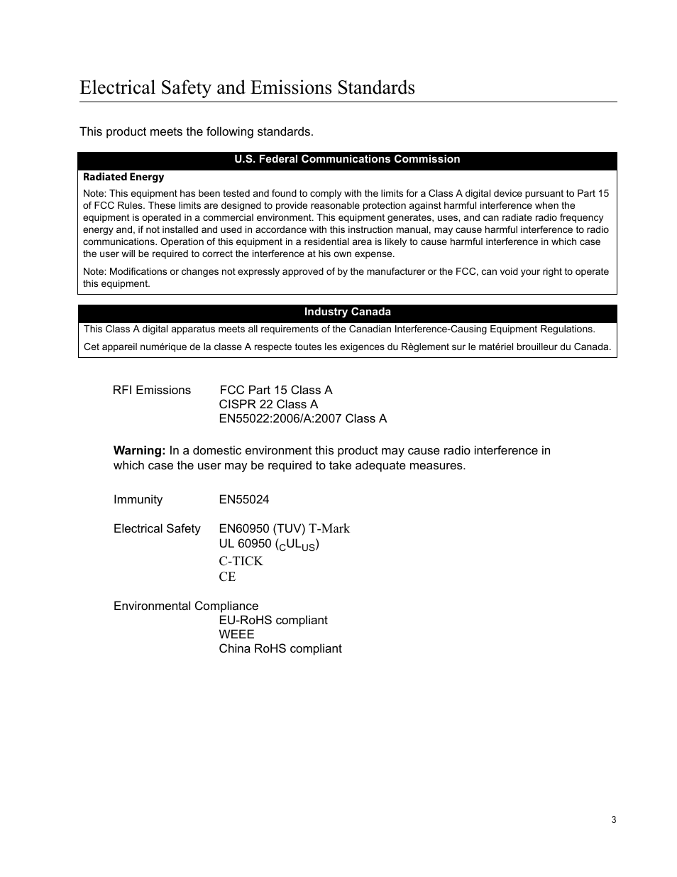 Electrical safety and emissions standards | Allied Telesis AT-GS900/8PS User Manual | Page 3 / 56