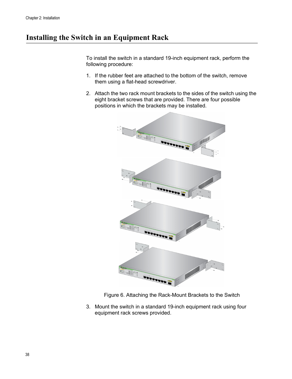 Installing the switch in an equipment rack | Allied Telesis AT-GS900/8PS User Manual | Page 38 / 56
