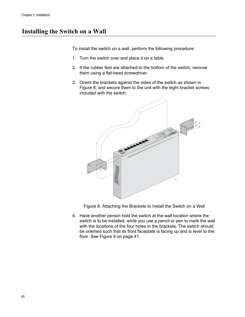 Installing the switch on a wall | Allied Telesis AT-GS900/8PS User Manual | Page 40 / 56