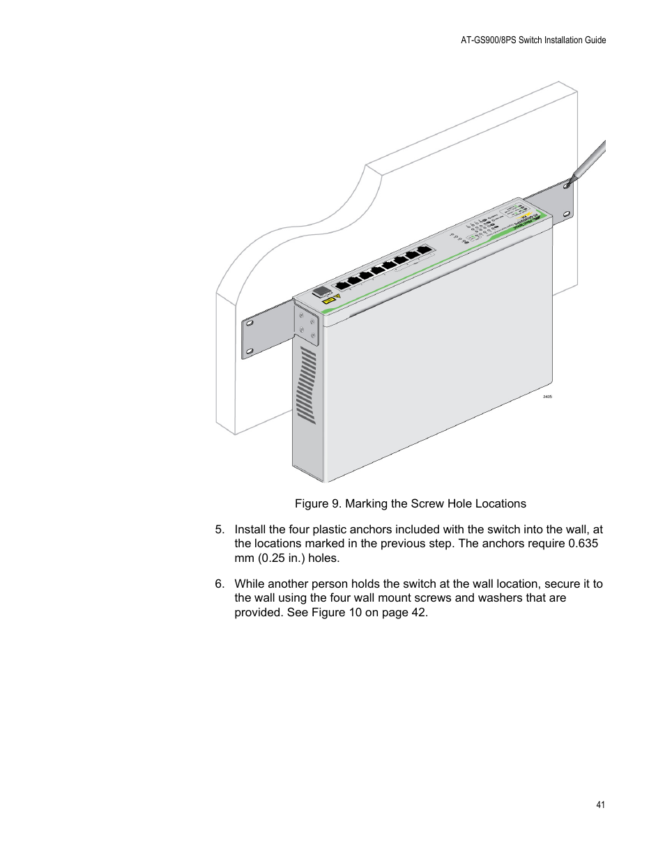 Figure 9. marking the screw hole locations | Allied Telesis AT-GS900/8PS User Manual | Page 41 / 56