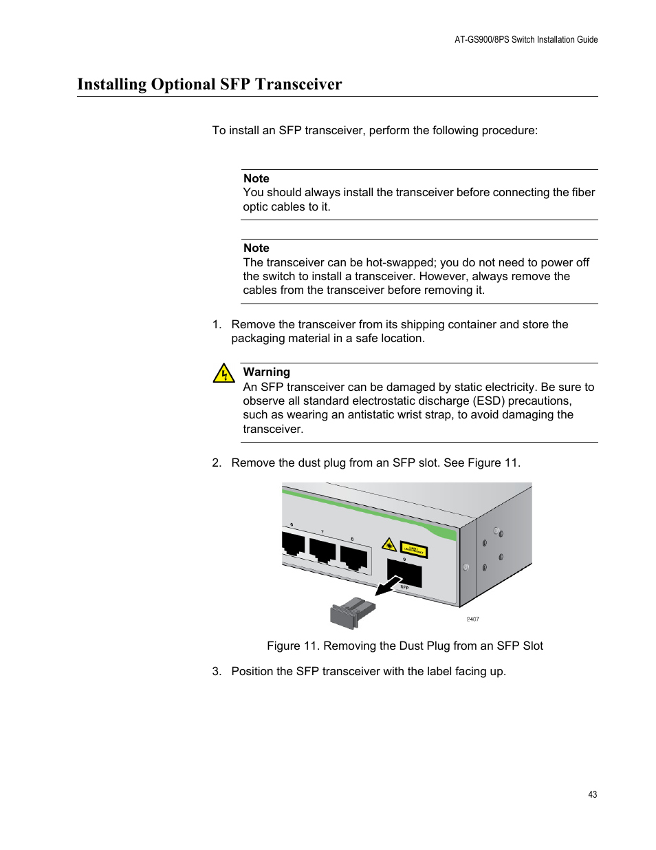 Installing optional sfp transceiver, Figure 11. removing the dust plug from an sfp slot | Allied Telesis AT-GS900/8PS User Manual | Page 43 / 56