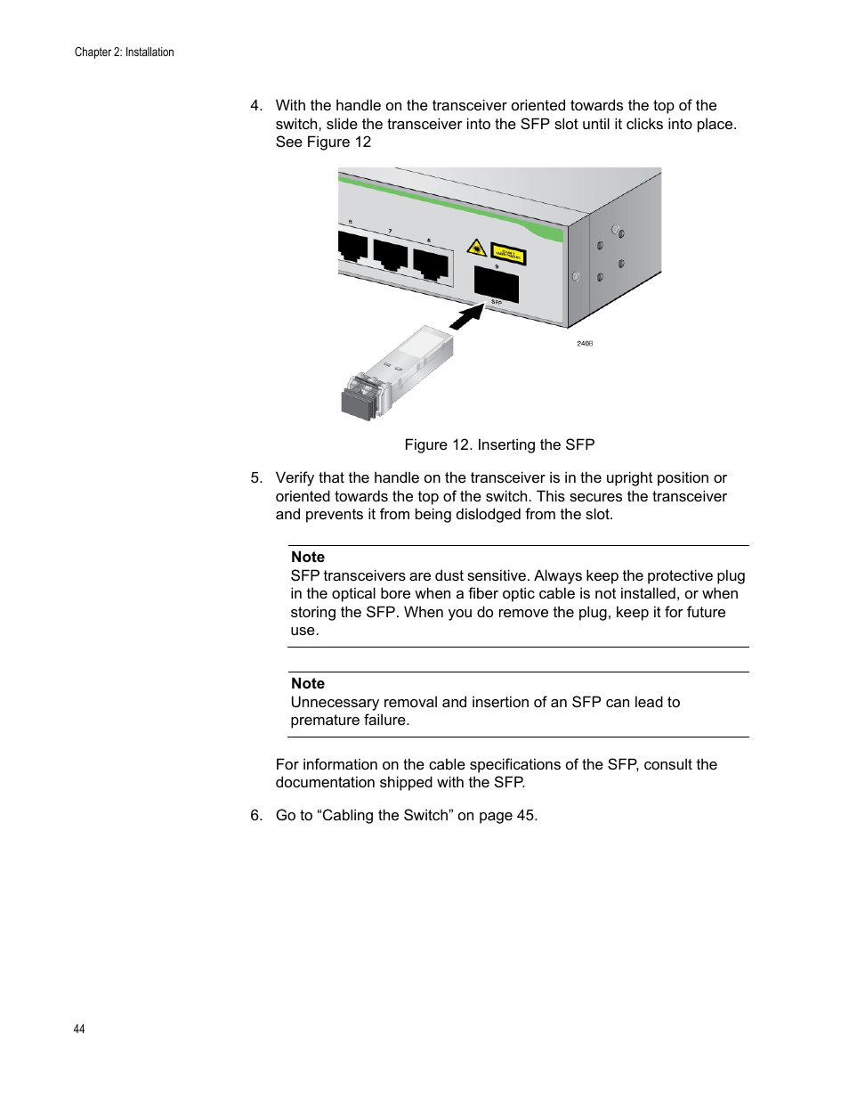 Figure 12. inserting the sfp | Allied Telesis AT-GS900/8PS User Manual | Page 44 / 56