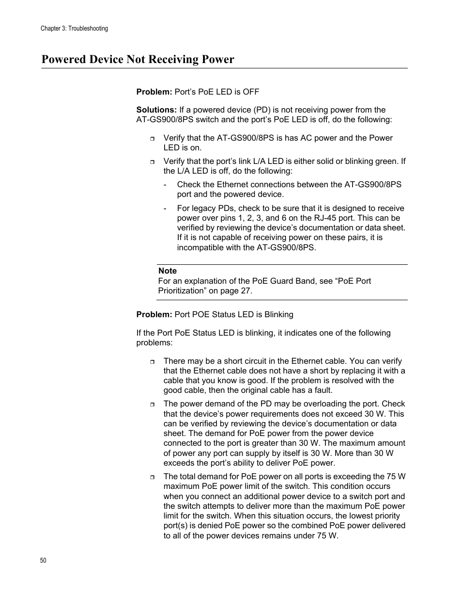 Powered device not receiving power | Allied Telesis AT-GS900/8PS User Manual | Page 50 / 56