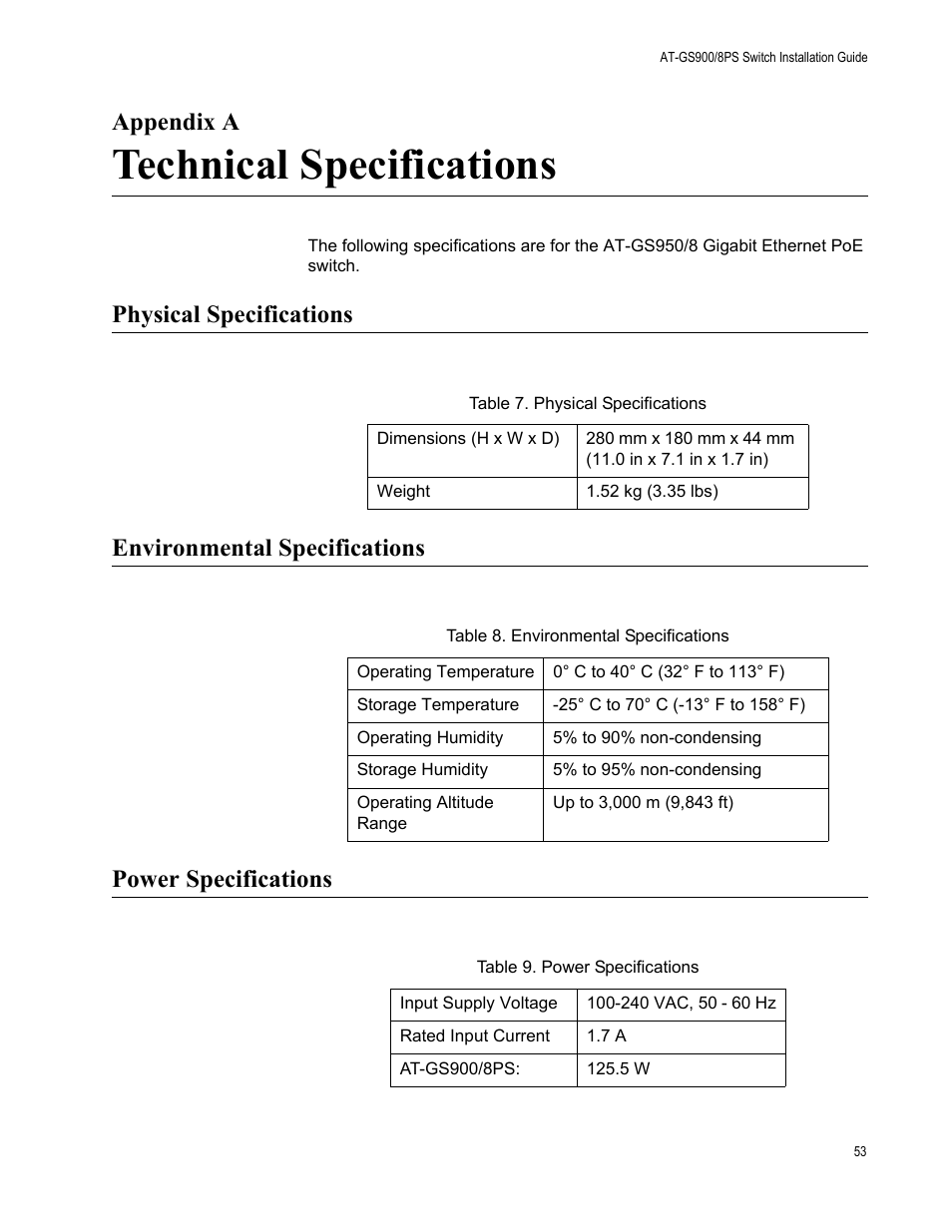 Appendix a, Technical specifications, Physical specifications | Environmental specifications, Power specifications, Appendix a: technical specifications | Allied Telesis AT-GS900/8PS User Manual | Page 53 / 56
