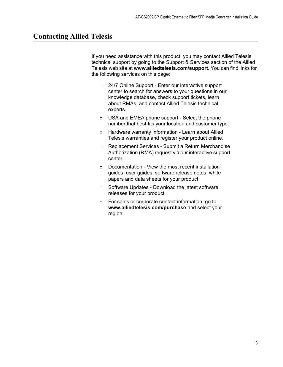 Contacting allied telesis | Allied Telesis AT-GS2002/SP User Manual | Page 13 / 52