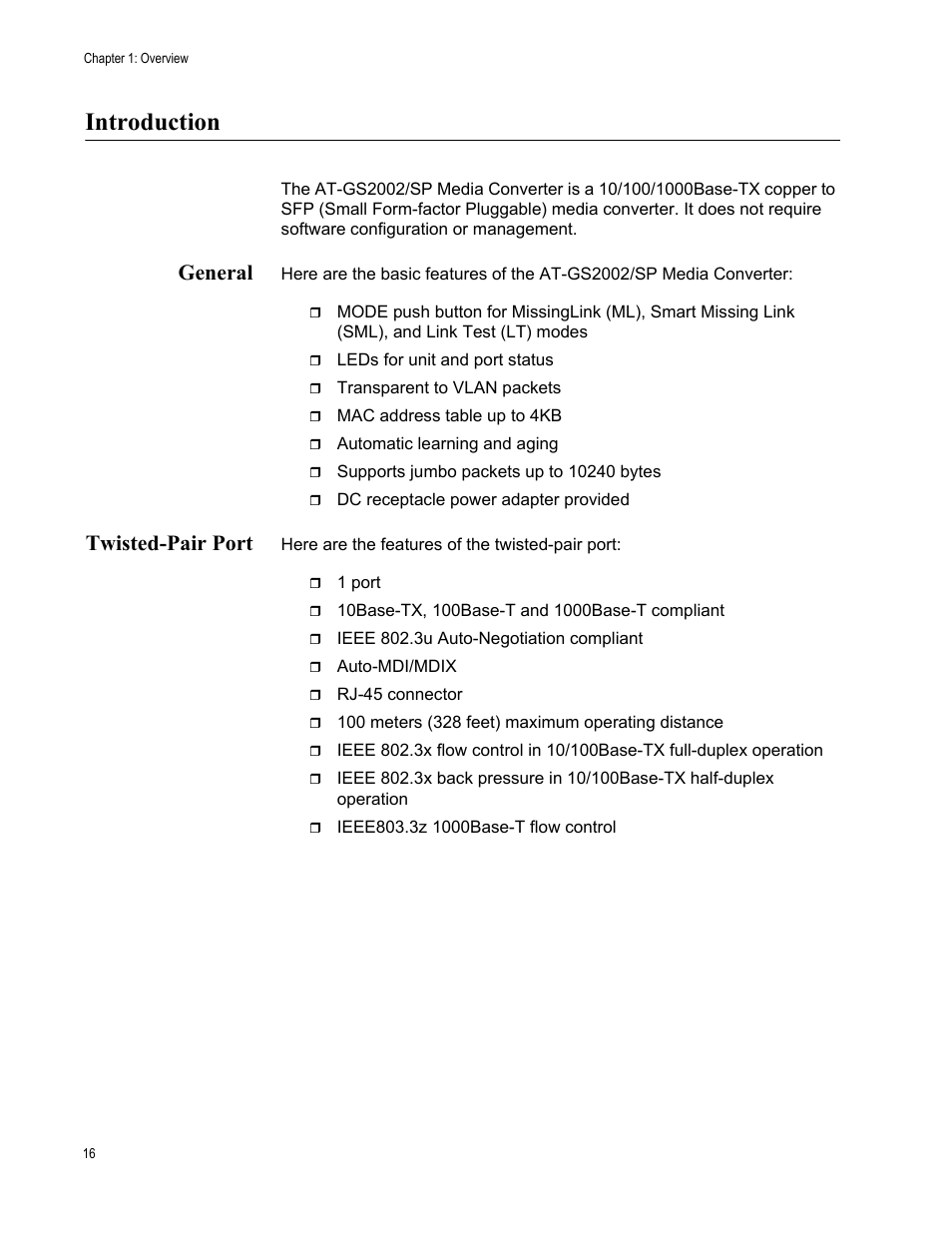 Introduction, General, Twisted-pair port | General twisted-pair port | Allied Telesis AT-GS2002/SP User Manual | Page 16 / 52