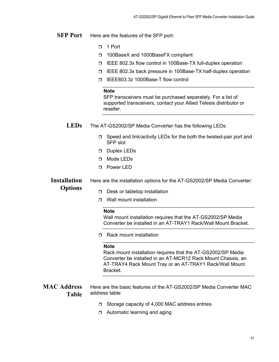 Sfp port, Leds, Installation options | Mac address table | Allied Telesis AT-GS2002/SP User Manual | Page 17 / 52