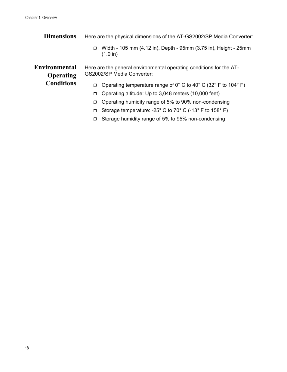 Dimensions, Environmental operating conditions, Dimensions environmental operating conditions | Allied Telesis AT-GS2002/SP User Manual | Page 18 / 52