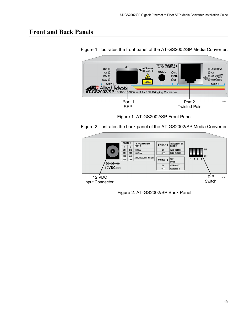 Front and back panels | Allied Telesis AT-GS2002/SP User Manual | Page 19 / 52