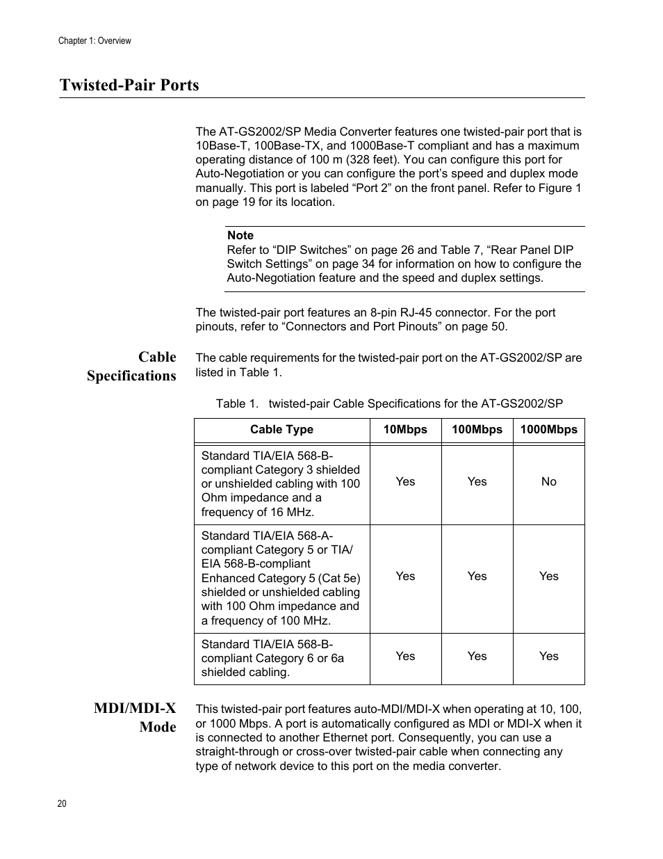 Twisted-pair ports, Cable specifications, Mdi/mdi-x mode | Cable specifications mdi/mdi-x mode | Allied Telesis AT-GS2002/SP User Manual | Page 20 / 52