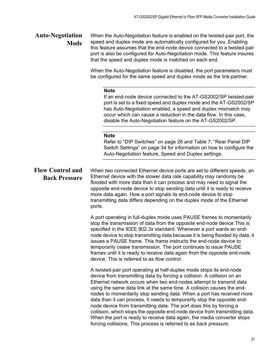 Auto-negotiation mode, Flow control and back pressure | Allied Telesis AT-GS2002/SP User Manual | Page 21 / 52