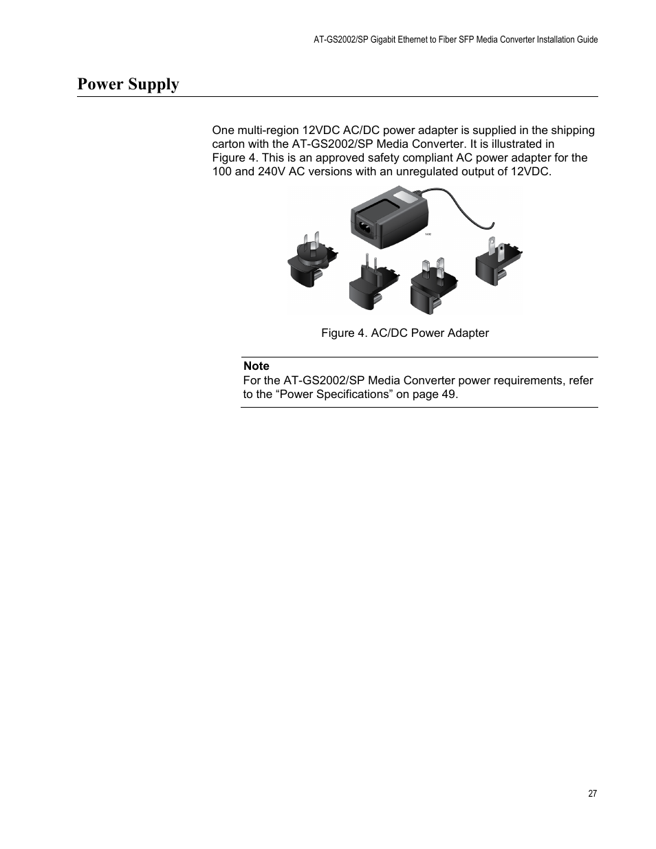 Power supply, Figure 4. ac/dc power adapter | Allied Telesis AT-GS2002/SP User Manual | Page 27 / 52