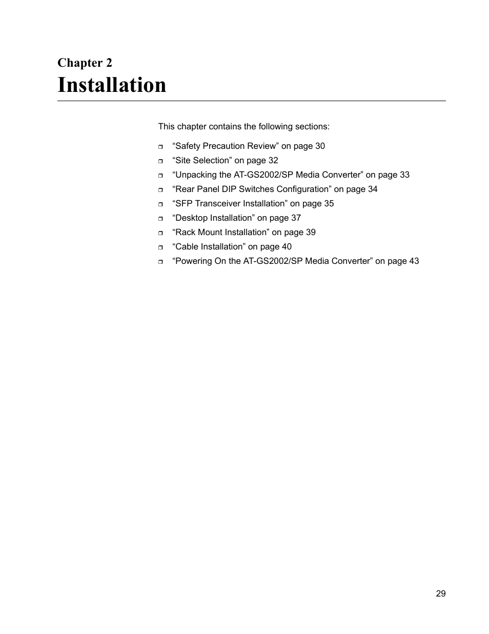 Chapter 2, Installation, R 2: installation | Allied Telesis AT-GS2002/SP User Manual | Page 29 / 52