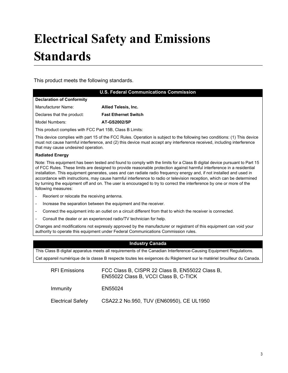 Electrical safety and emissions standards | Allied Telesis AT-GS2002/SP User Manual | Page 3 / 52