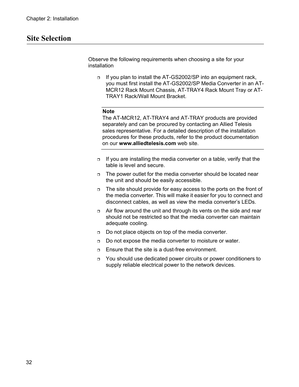 Site selection | Allied Telesis AT-GS2002/SP User Manual | Page 32 / 52