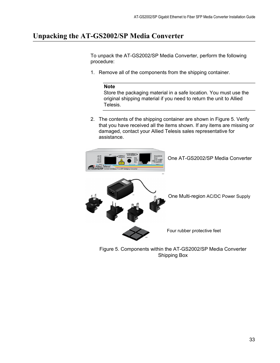 Unpacking the at-gs2002/sp media converter | Allied Telesis AT-GS2002/SP User Manual | Page 33 / 52