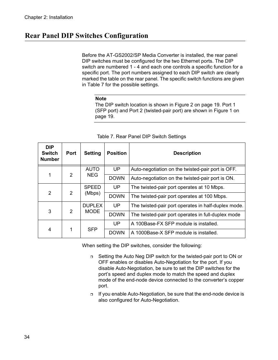 Rear panel dip switches configuration, Table 7. rear panel dip switch settings | Allied Telesis AT-GS2002/SP User Manual | Page 34 / 52