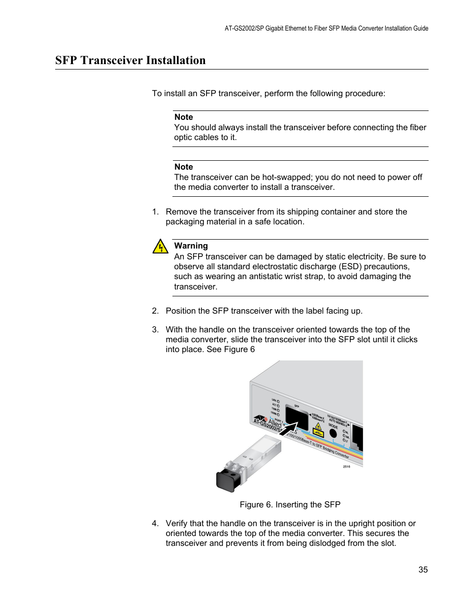Sfp transceiver installation, Figure 6. inserting the sfp | Allied Telesis AT-GS2002/SP User Manual | Page 35 / 52