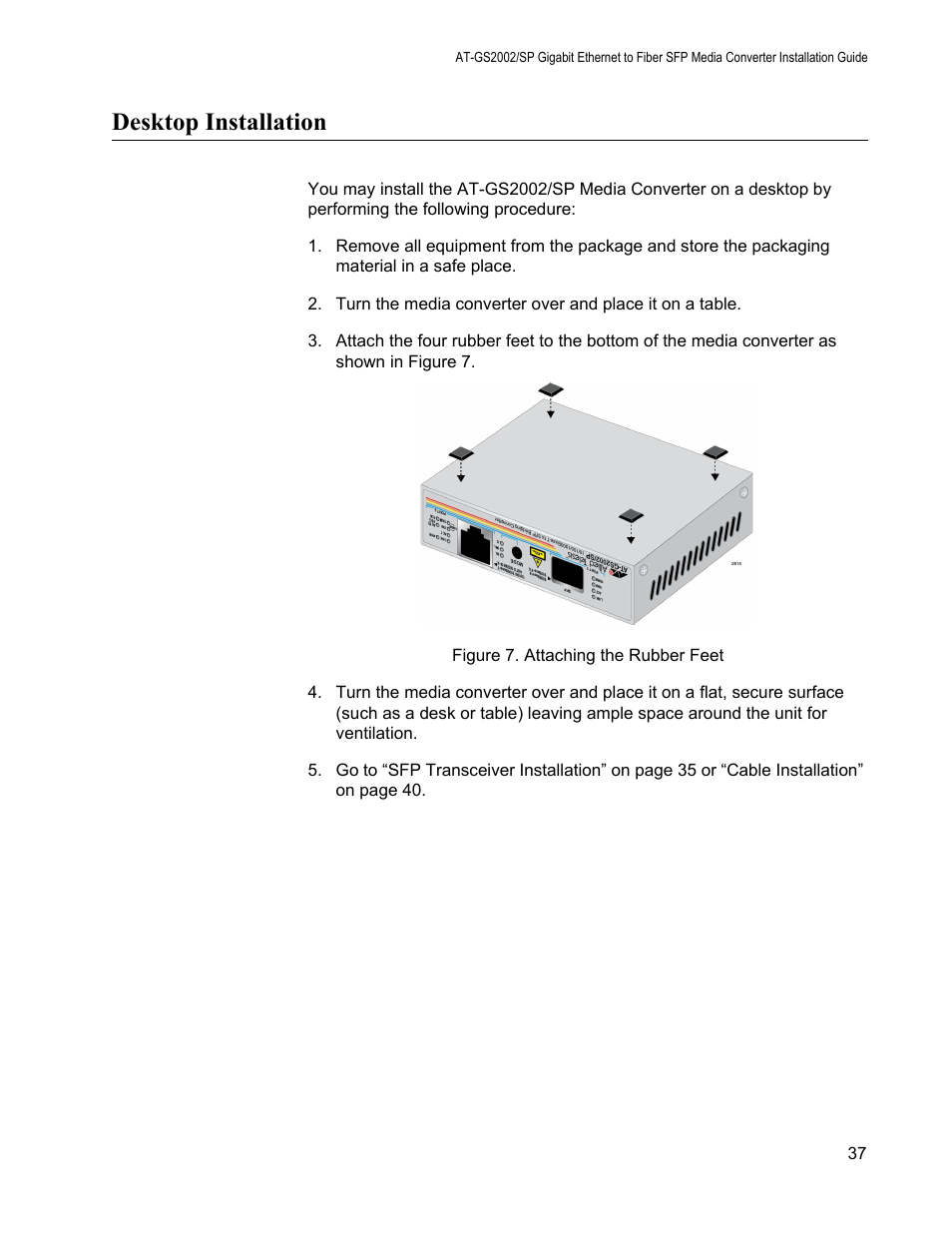 Desktop installation, Figure 7. attaching the rubber feet | Allied Telesis AT-GS2002/SP User Manual | Page 37 / 52