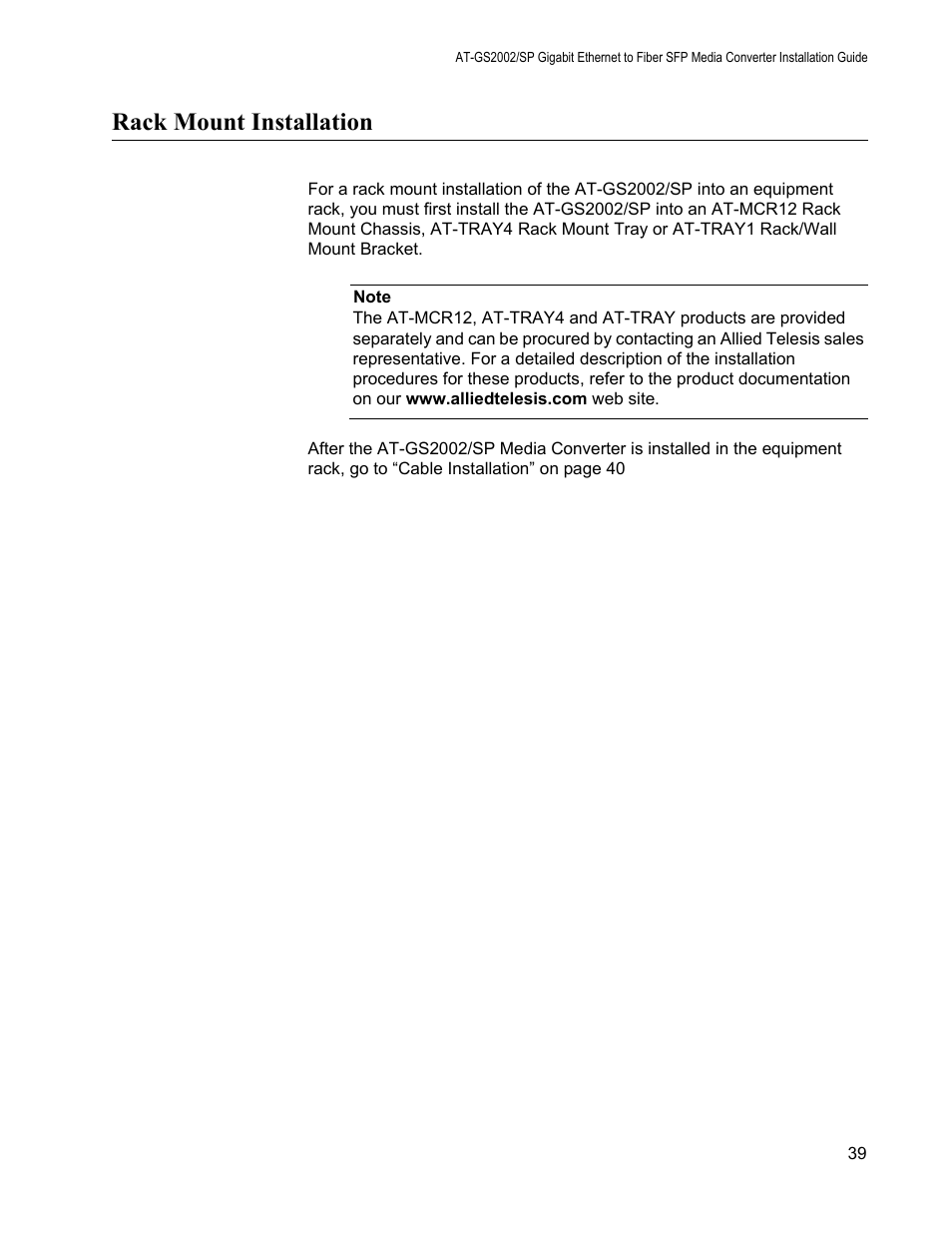 Rack mount installation | Allied Telesis AT-GS2002/SP User Manual | Page 39 / 52