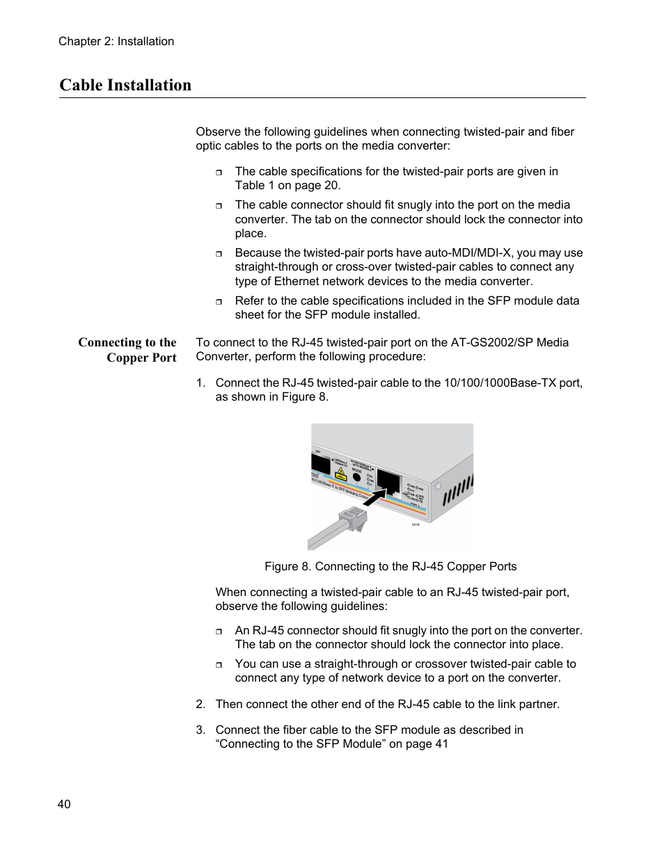 Cable installation, Connecting to the copper port, Figure 8. connecting to the rj-45 copper ports | Le installation | Allied Telesis AT-GS2002/SP User Manual | Page 40 / 52