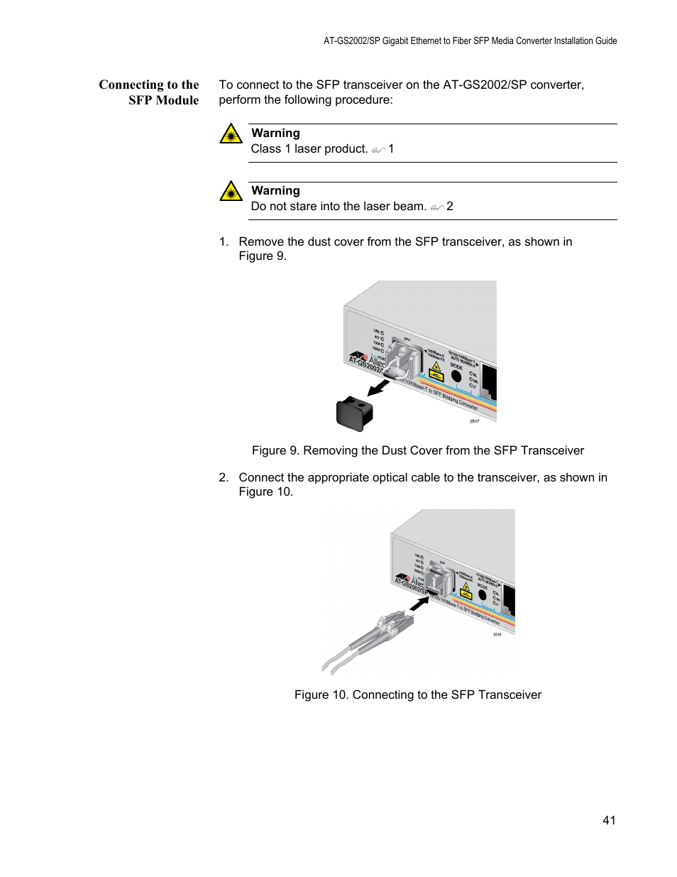 Connecting to the sfp module | Allied Telesis AT-GS2002/SP User Manual | Page 41 / 52