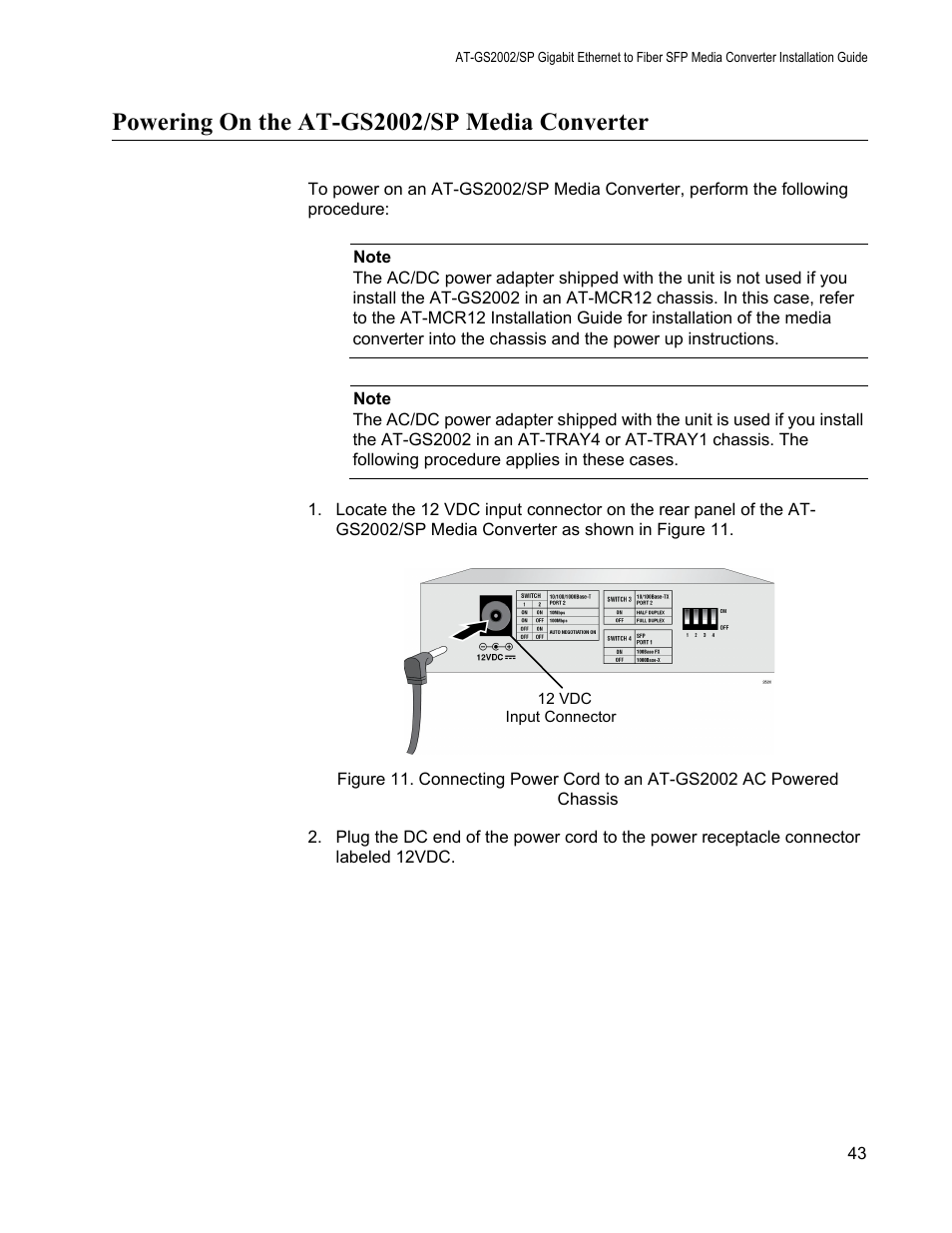 Powering on the at-gs2002/sp media converter | Allied Telesis AT-GS2002/SP User Manual | Page 43 / 52