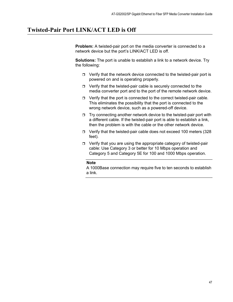 Twisted-pair port link/act led is off | Allied Telesis AT-GS2002/SP User Manual | Page 47 / 52