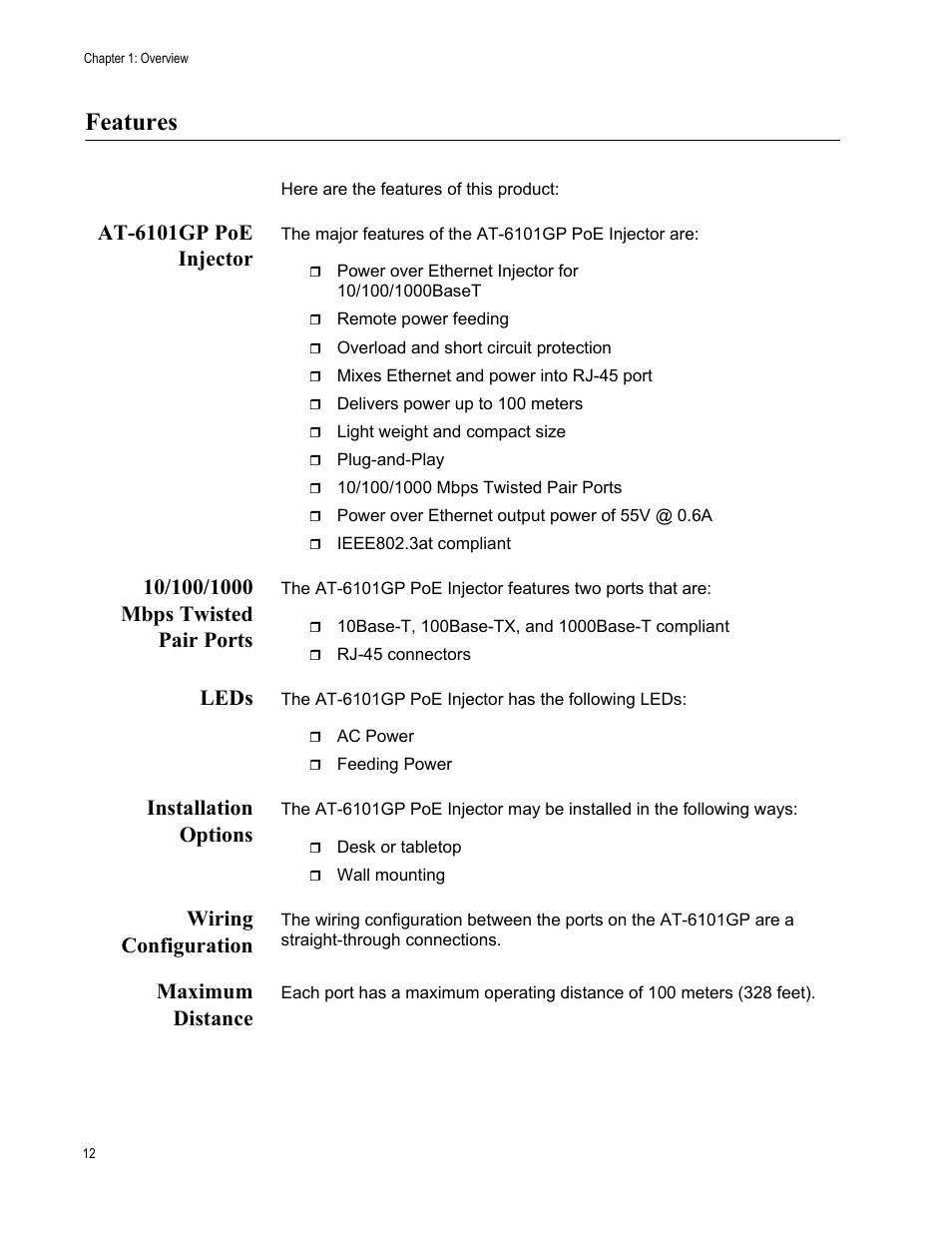Features, At-6101gp poe injector, 10/100/1000 mbps twisted pair ports | Leds, Installation options, Wiring configuration, Maximum distance | Allied Telesis AT-6101GP User Manual | Page 16 / 34