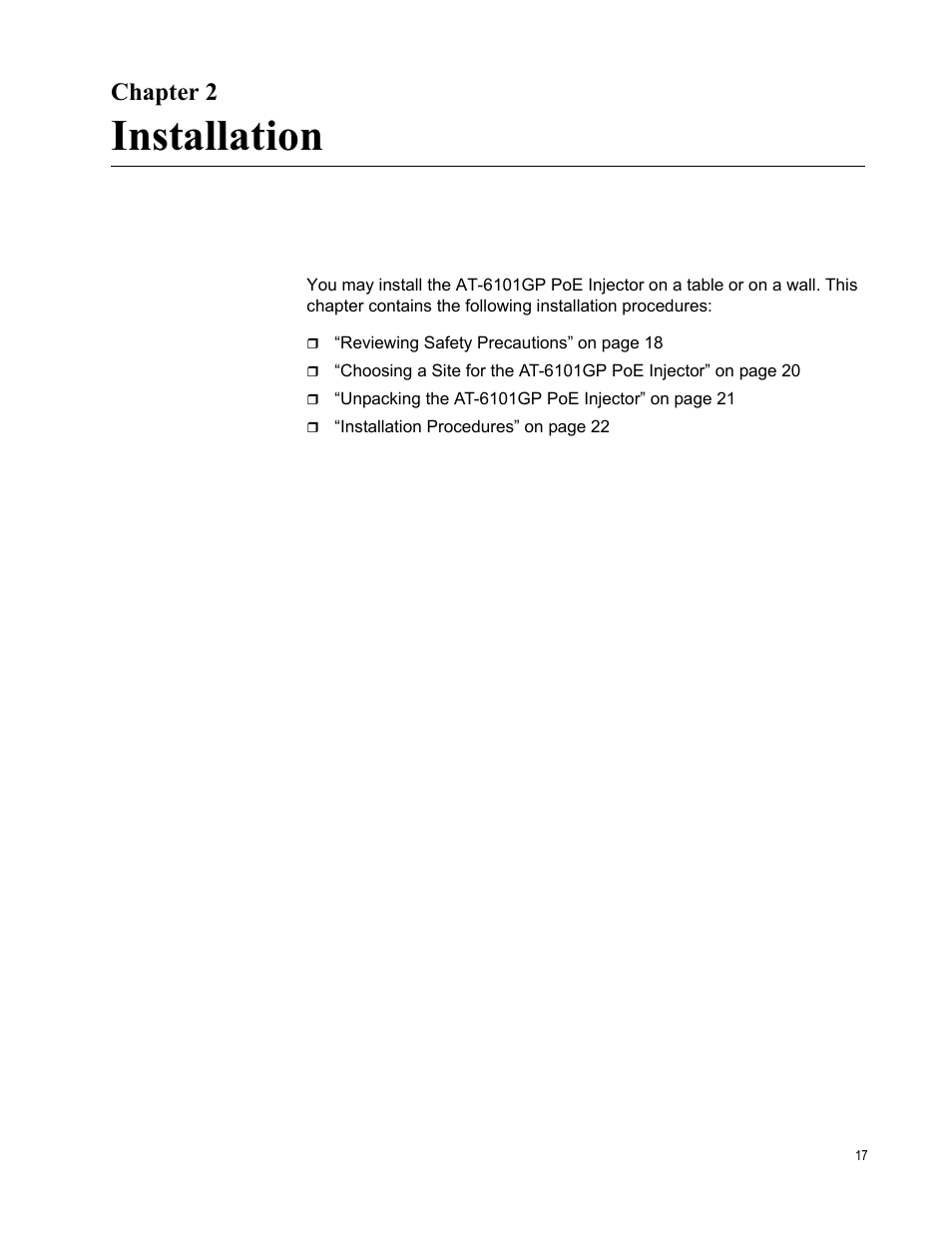 Chapter 2, Installation, Chapt | Allied Telesis AT-6101GP User Manual | Page 21 / 34