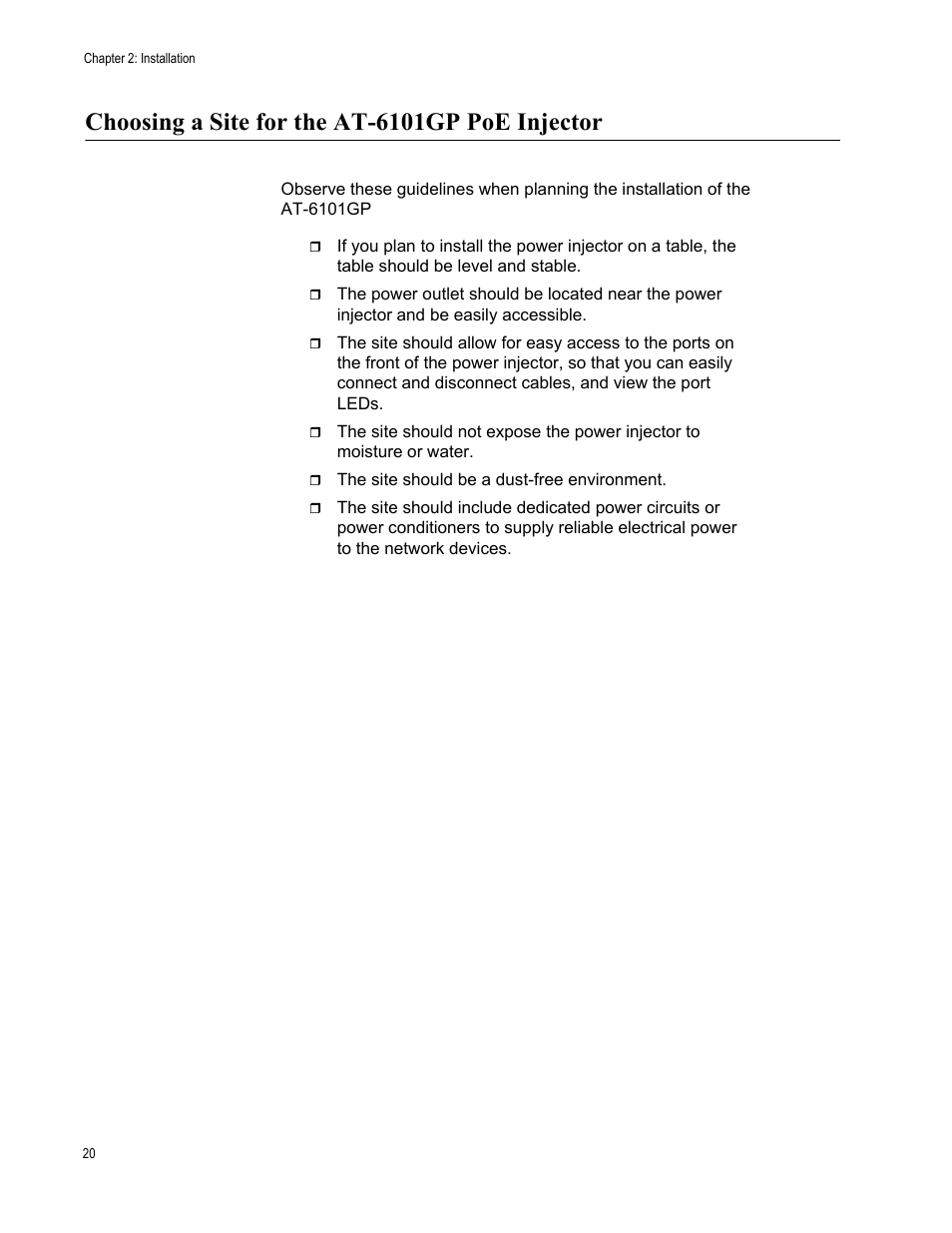 Choosing a site for the at-6101gp poe injector | Allied Telesis AT-6101GP User Manual | Page 24 / 34