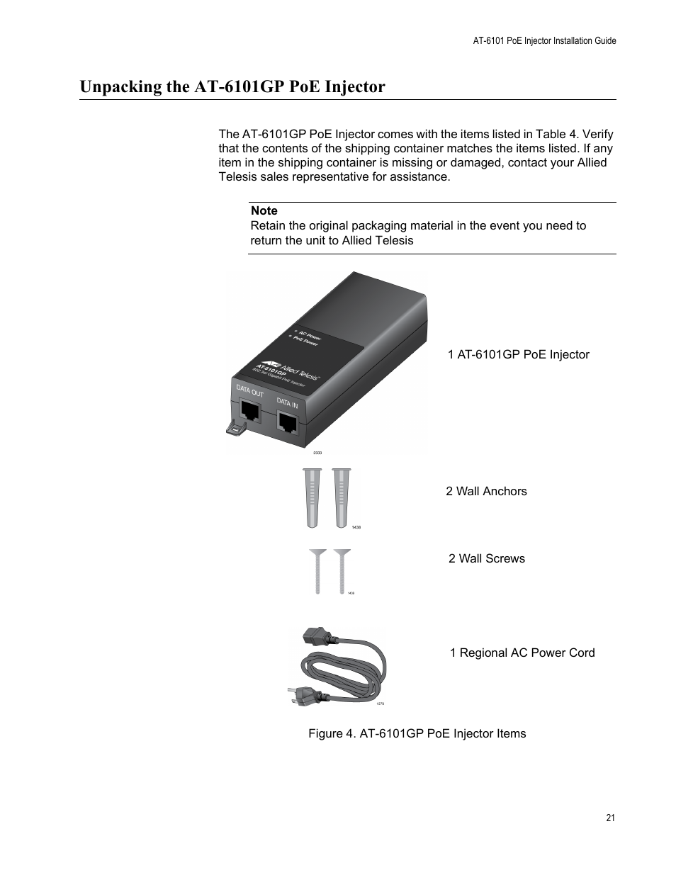 Unpacking the at-6101gp poe injector, Figure 4. at-6101gp poe injector items | Allied Telesis AT-6101GP User Manual | Page 25 / 34