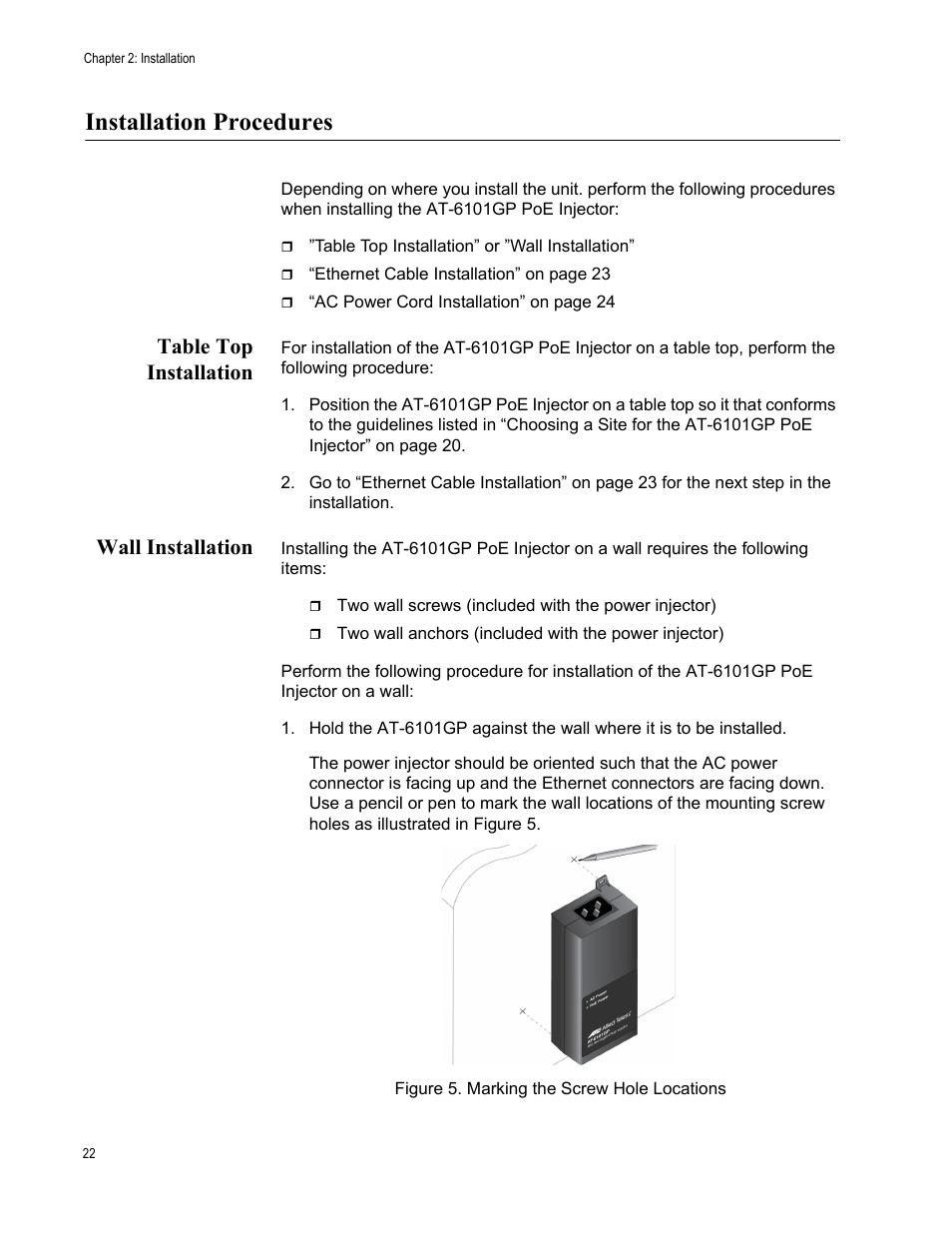 Installation procedures, Table top installation, Wall installation | Table top installation wall installation, Figure 5. marking the screw hole locations | Allied Telesis AT-6101GP User Manual | Page 26 / 34