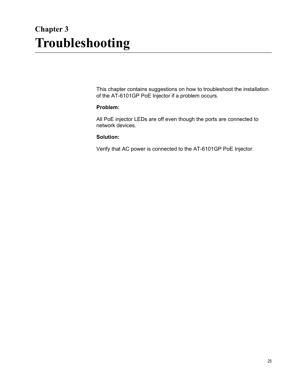 Chapter 3, Troubleshooting, Chapt | Allied Telesis AT-6101GP User Manual | Page 29 / 34