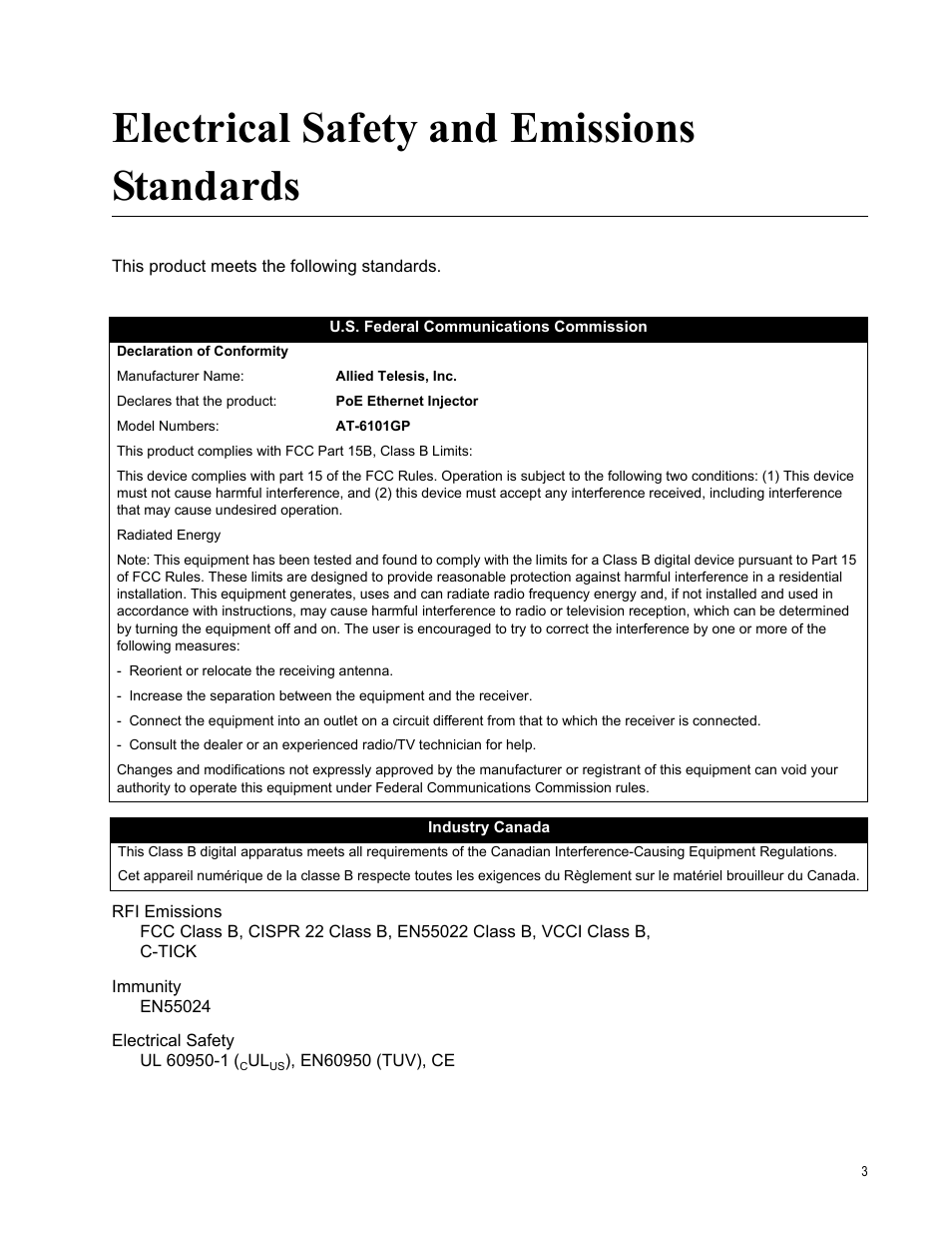 Electrical safety and emissions standards | Allied Telesis AT-6101GP User Manual | Page 3 / 34