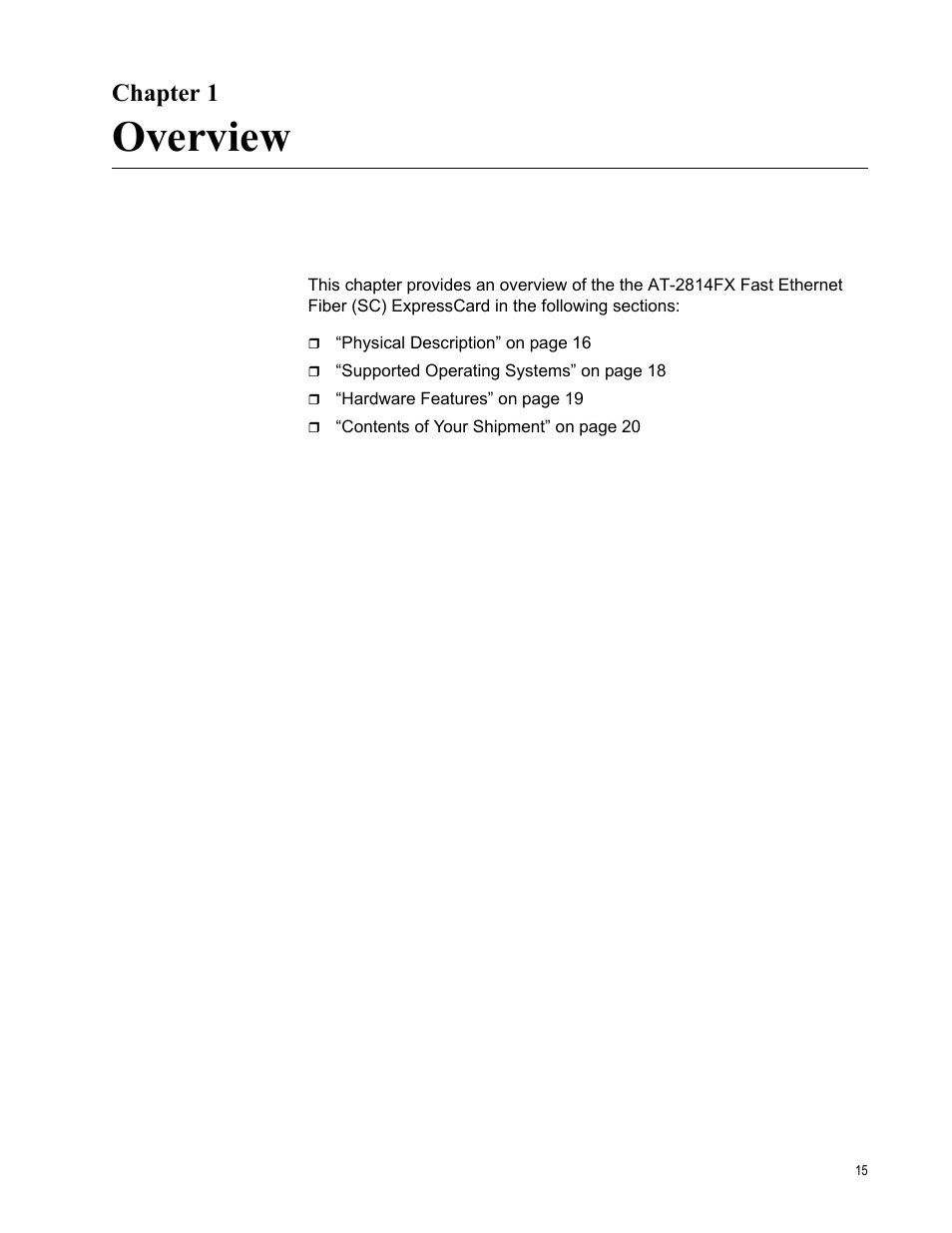 Chapter 1, Overview | Allied Telesis AT-2814FX User Manual | Page 15 / 86