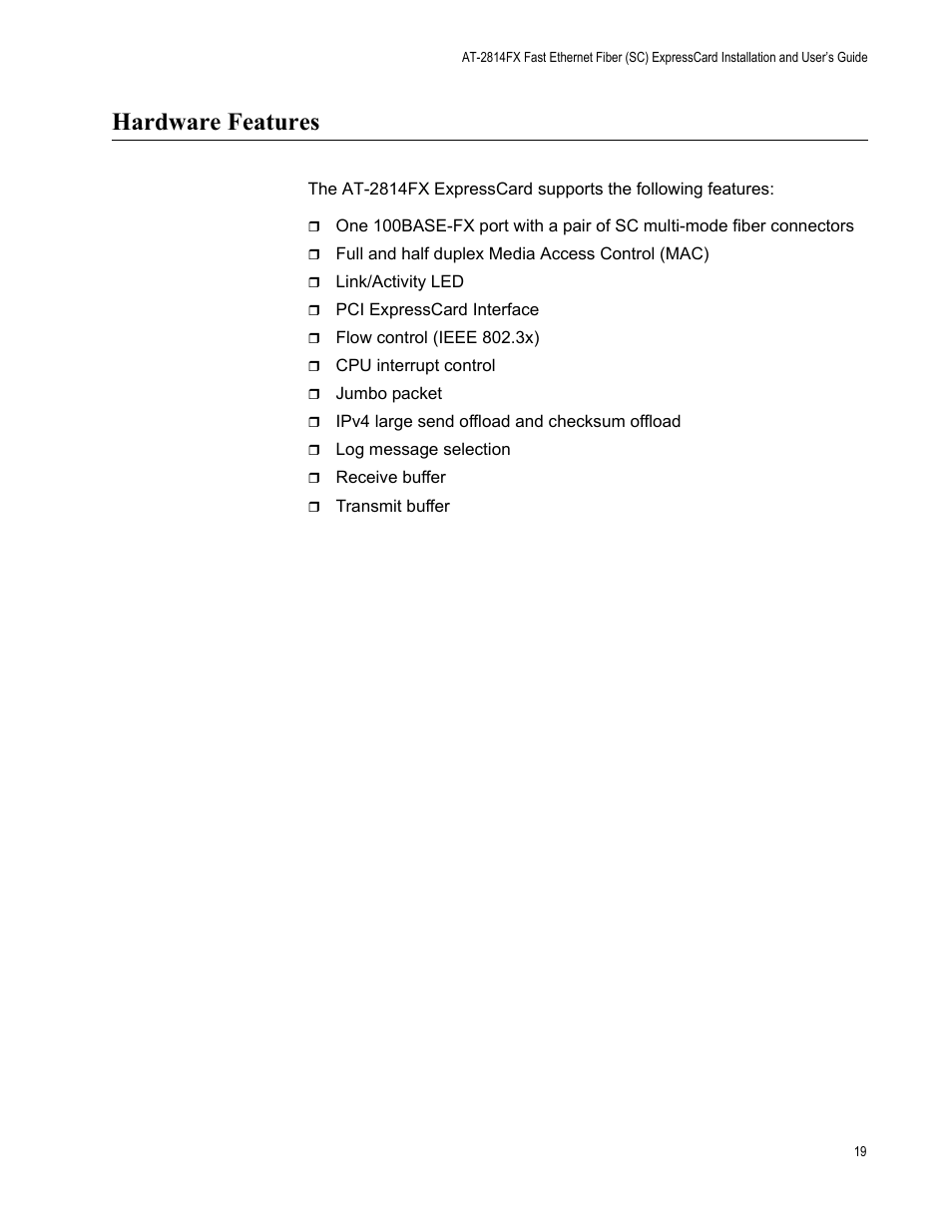 Hardware features | Allied Telesis AT-2814FX User Manual | Page 19 / 86