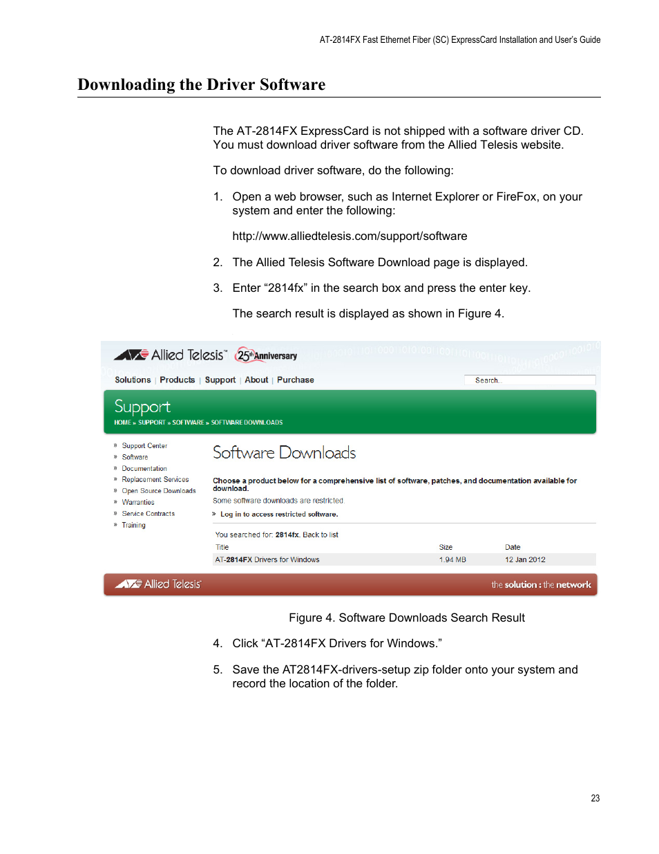 Downloading the driver software, Figure 4. software downloads search result | Allied Telesis AT-2814FX User Manual | Page 23 / 86