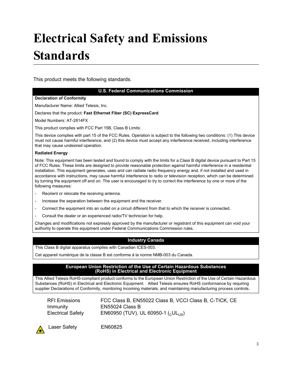 Electrical safety and emissions standards | Allied Telesis AT-2814FX User Manual | Page 3 / 86