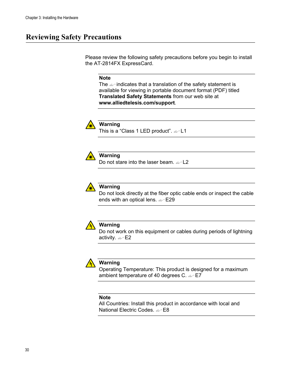 Reviewing safety precautions | Allied Telesis AT-2814FX User Manual | Page 30 / 86