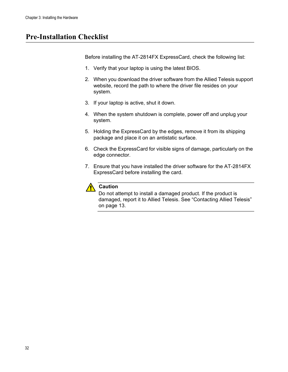 Pre-installation checklist | Allied Telesis AT-2814FX User Manual | Page 32 / 86