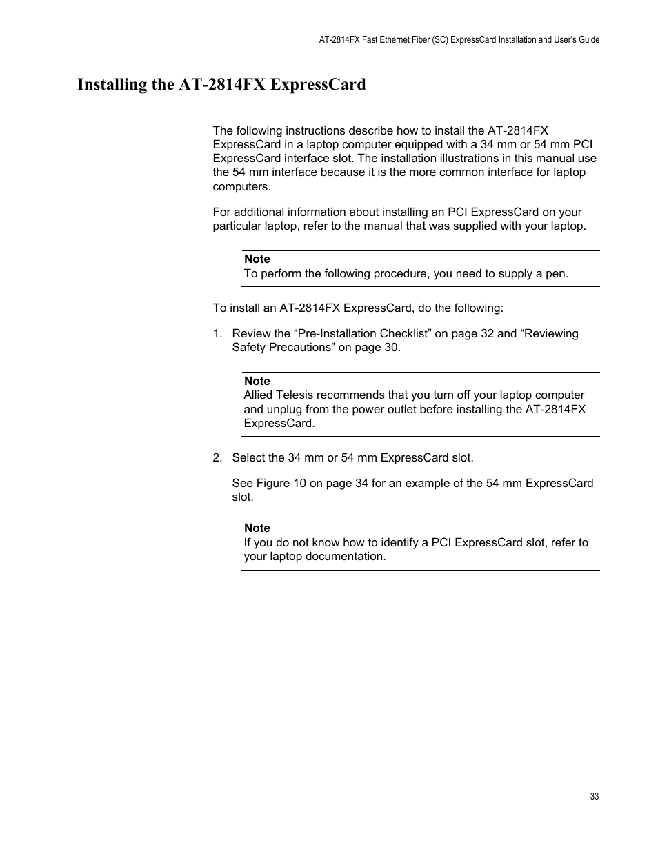 Installing the at-2814fx expresscard | Allied Telesis AT-2814FX User Manual | Page 33 / 86