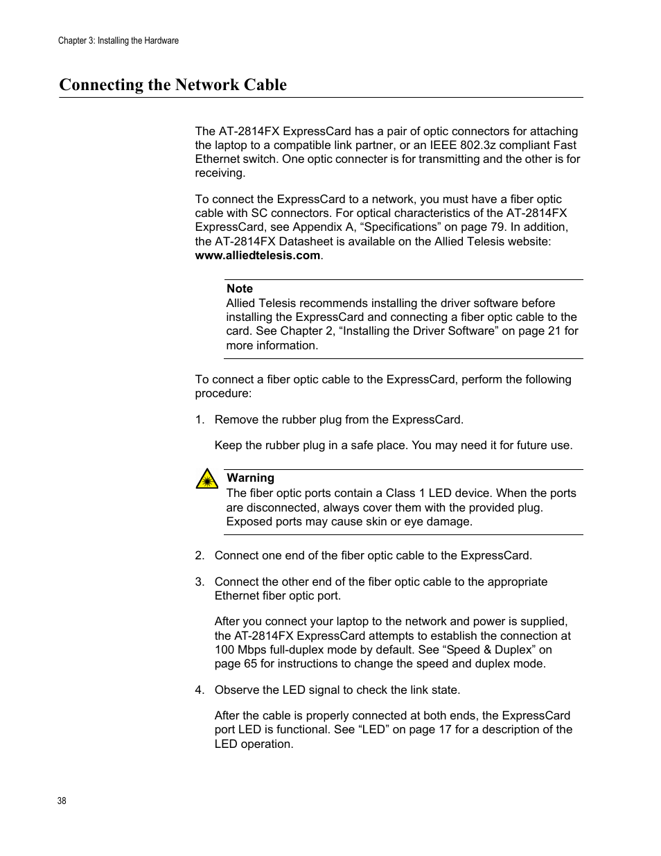 Connecting the network cable | Allied Telesis AT-2814FX User Manual | Page 38 / 86