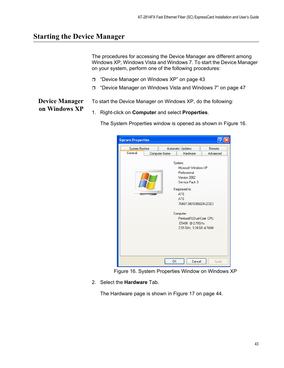 Starting the device manager, Device manager on windows xp, Figure 16. system properties window on windows xp | Allied Telesis AT-2814FX User Manual | Page 43 / 86