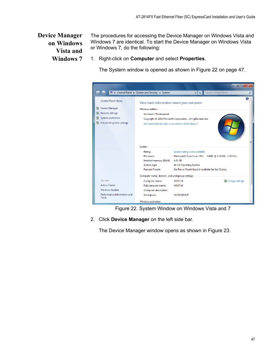 Device manager on windows vista and windows 7, Figure 22. system window on windows vista and 7 | Allied Telesis AT-2814FX User Manual | Page 47 / 86