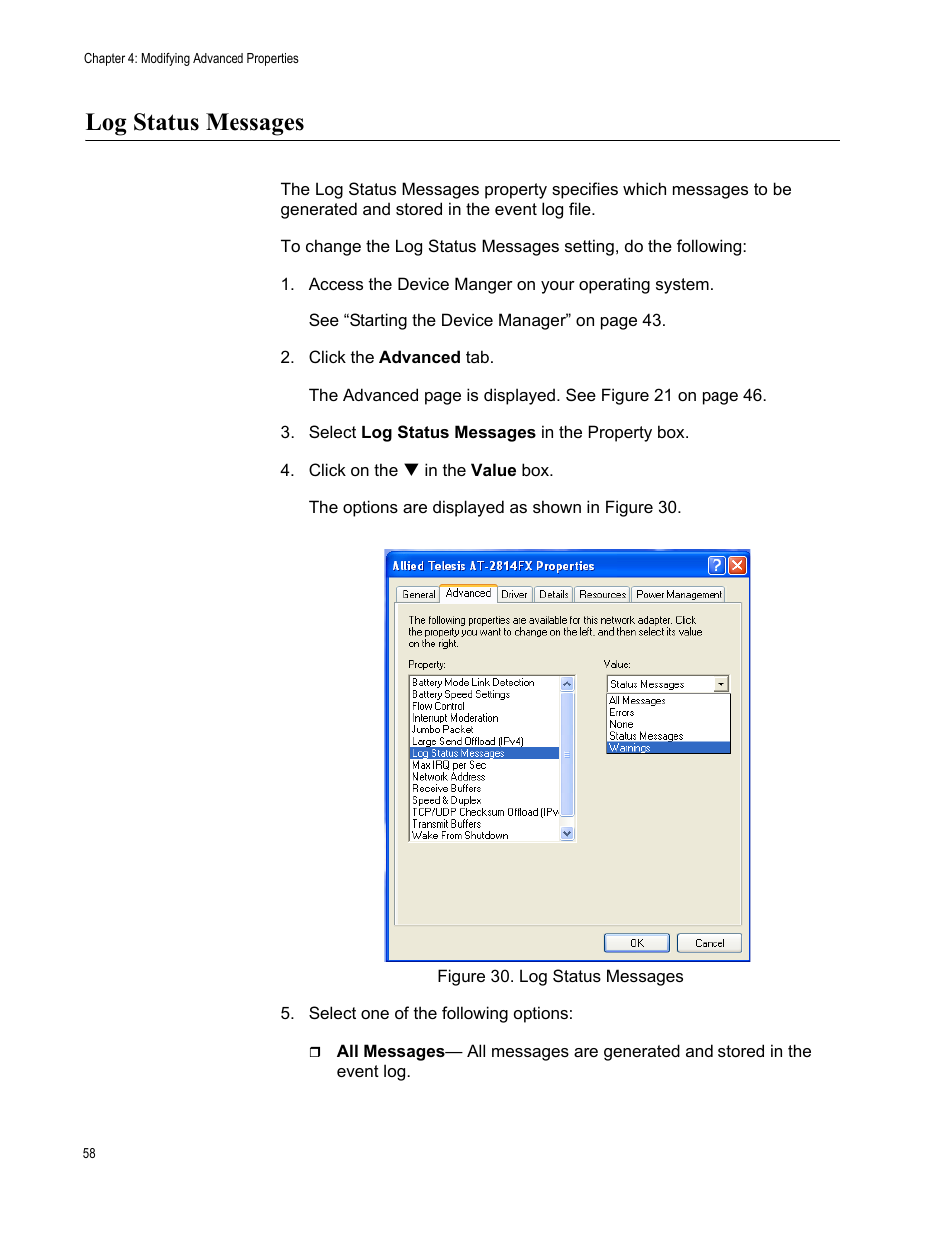Log status messages, Figure 30. log status messages | Allied Telesis AT-2814FX User Manual | Page 58 / 86
