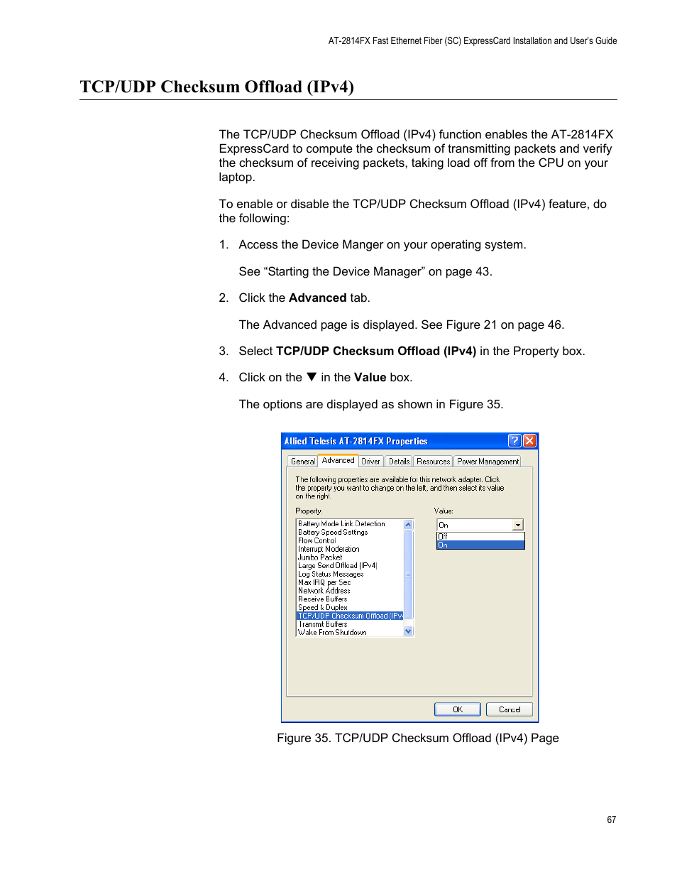 Tcp/udp checksum offload (ipv4) | Allied Telesis AT-2814FX User Manual | Page 67 / 86