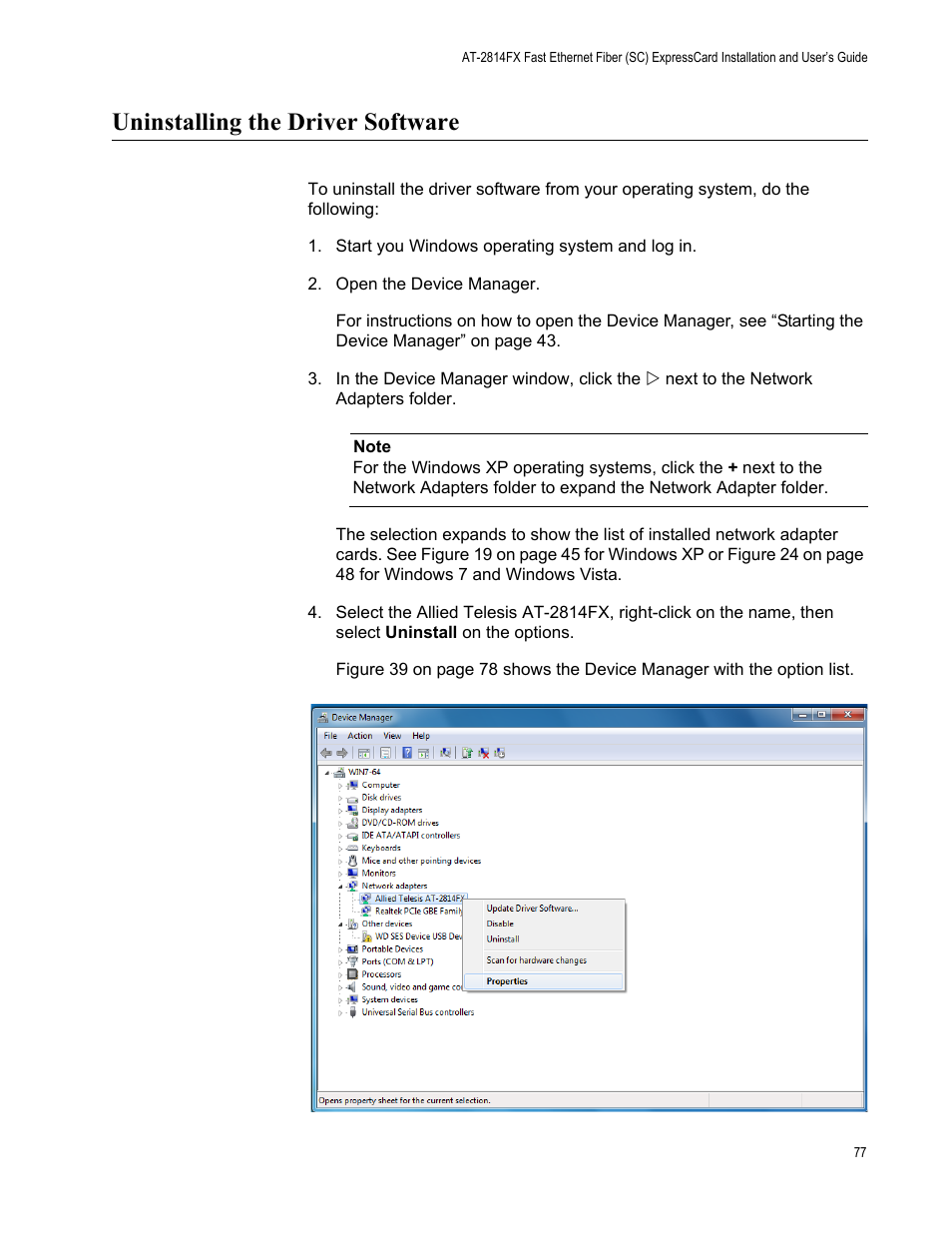 Uninstalling the driver software | Allied Telesis AT-2814FX User Manual | Page 77 / 86