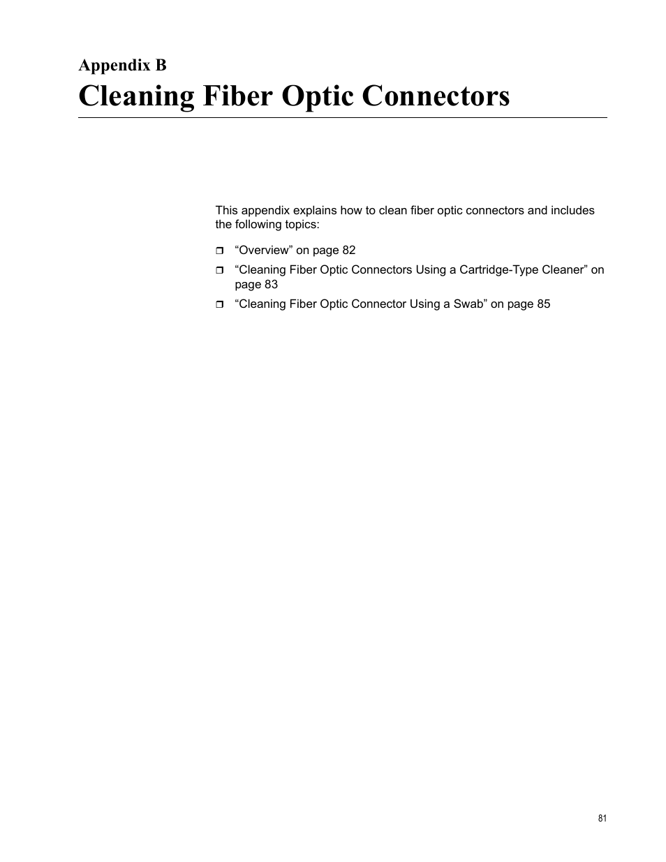 Appendix b, Cleaning fiber optic connectors, Appendix b: cleaning fiber optic connectors | Allied Telesis AT-2814FX User Manual | Page 81 / 86